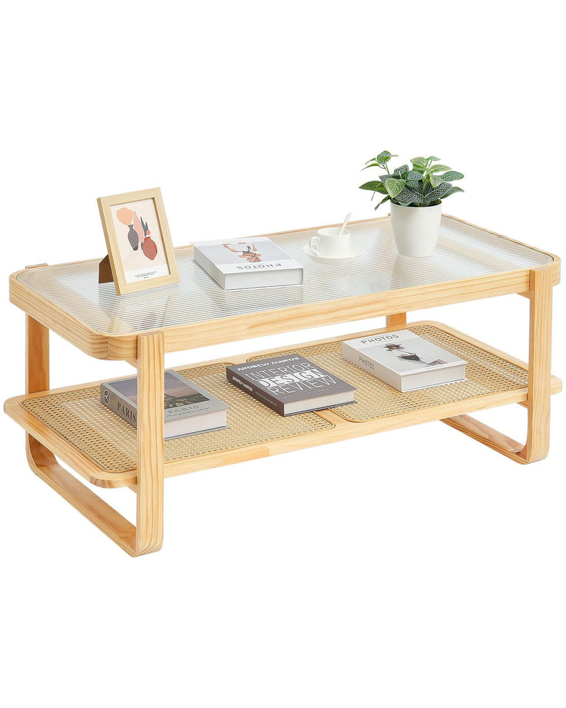 Rattan Coffee Table, Rectangle Rattan Woven Wood Coffee Table with Tempered Glass Top, 45-Inch Modern Boho Storage Coffee Table with Natural Wood Legs, for Living Room, Bedroom & Small Spaces