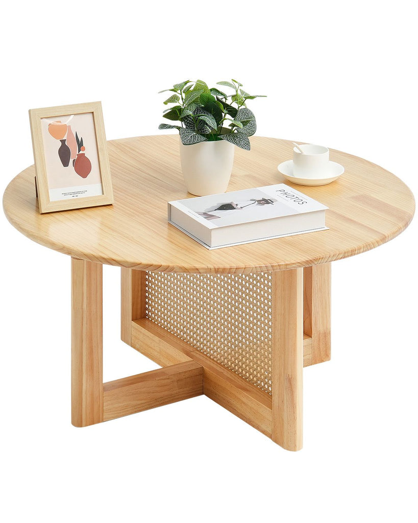 Rattan Coffee Table, Round Rattan Woven Wood Coffee Table with Rubber Wood Top, 33 in Modern Boho Circular Storage Coffee Table with Natural Wood Legs, for Living Room, Bedroom & Small Spaces