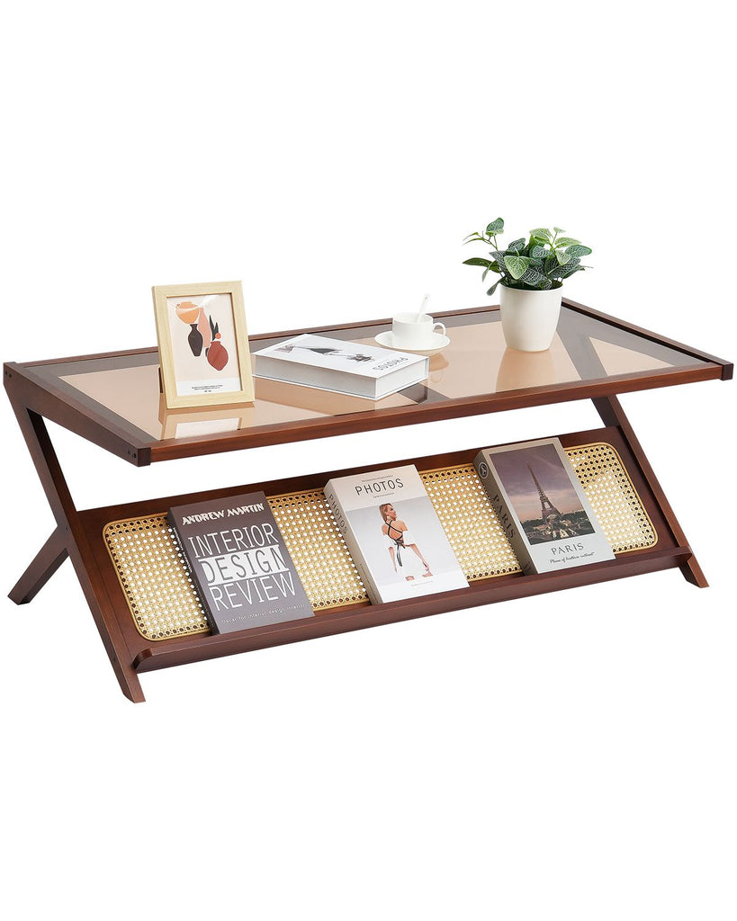 Rattan Coffee Table, Z-Shaped Rattan Woven Bamboo Coffee Table with Tempered Glass Top, 47' Modern Boho Storage Coffee Table with Natural Bamboo Legs, for Living Room, Bedroom & Small Spaces
