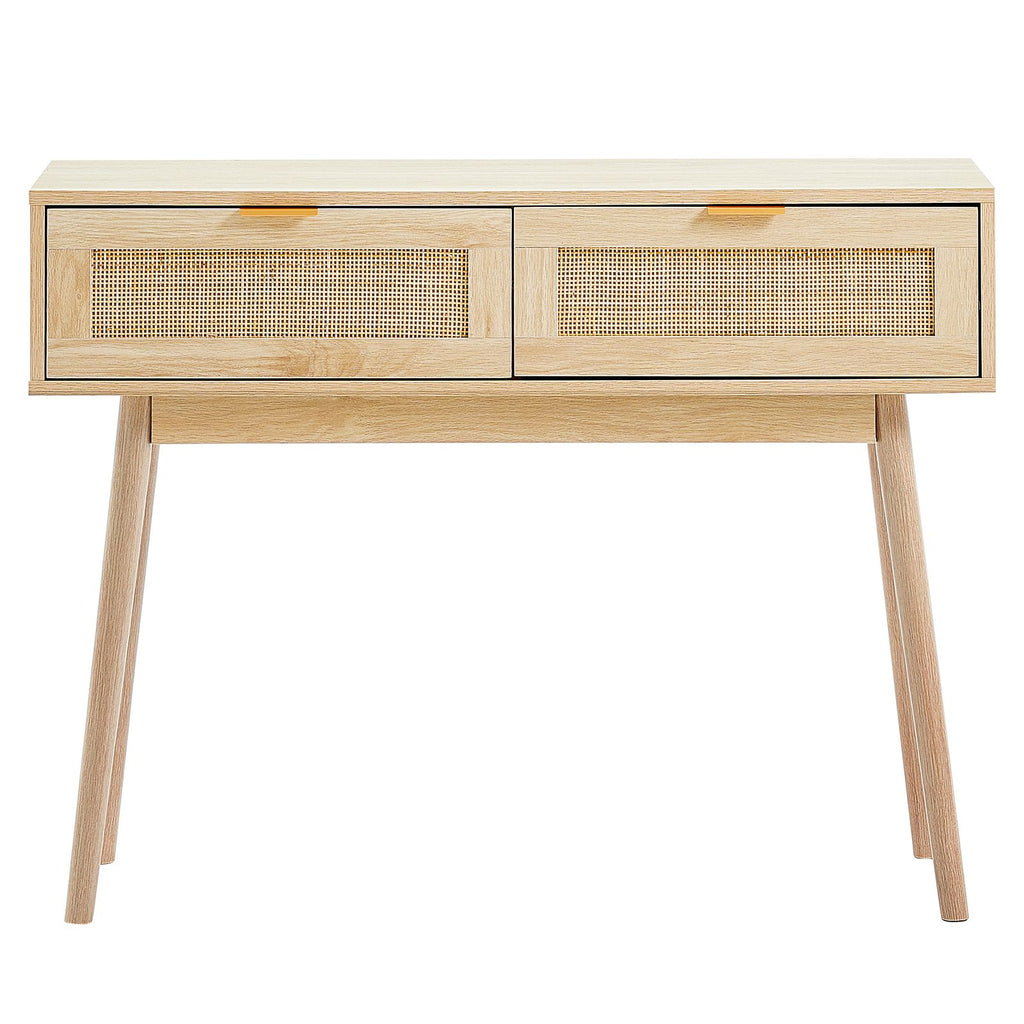 Rattan Console Table with 2 Storage Drawers, Rattan Entryway Table with Natural Rattan Sliding Door, Console Sofa Table for Living Room, Study, Entryway Or TV Wall, Natural