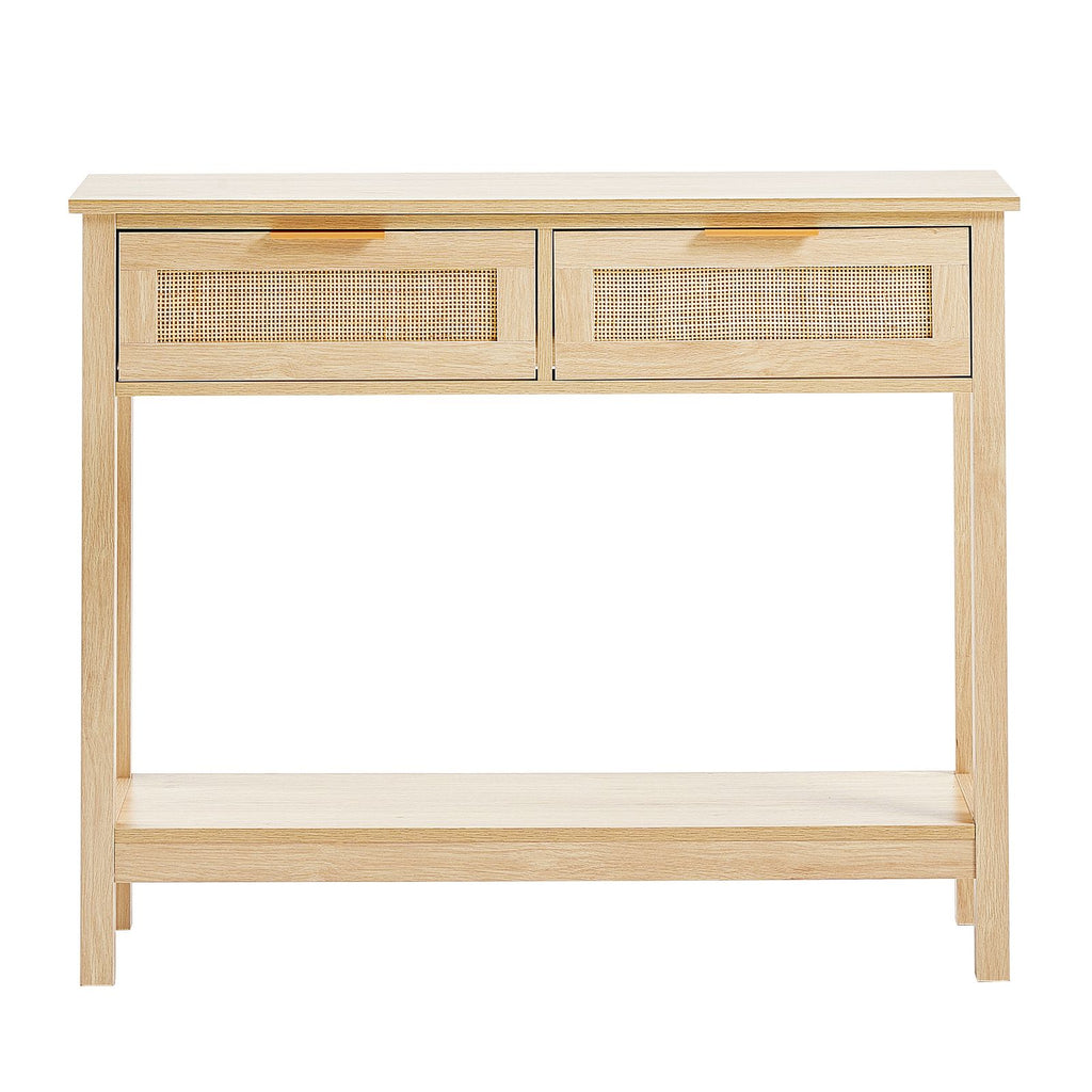 Rattan Console Table with 2 Storage Drawers, Rattan Entryway Table with Natural Rattan Sliding Door, Console Sofa Table for Living Room, Study, Entryway Or TV Wall, Natural
