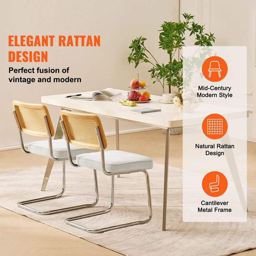 Rattan Dining Chairs Set of 2, Mid Century Modern Dining Chair, Upholstered Velvet Accent Chair with Rattan Back, Retro Dining Room Kitchen Chair for Living Room, Bedroom, Office (18.1 Inch)
