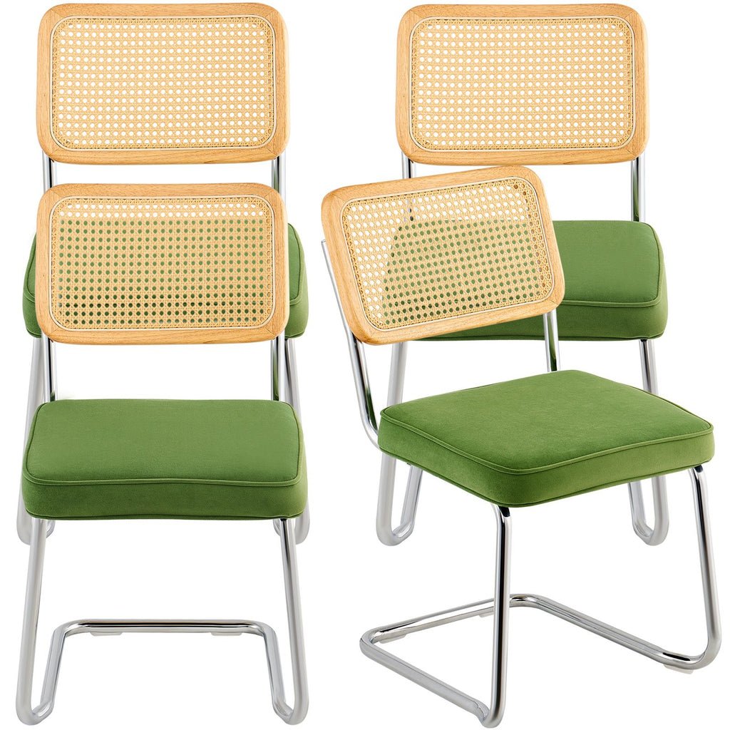 Rattan Dining Chairs Set of 4, Mid Century Modern Dining Chair, Upholstered Velvet Accent Chair with Rattan Back, Retro Dining Room Kitchen Chair for Living Room, Bedroom, Office (18.1 Inch)