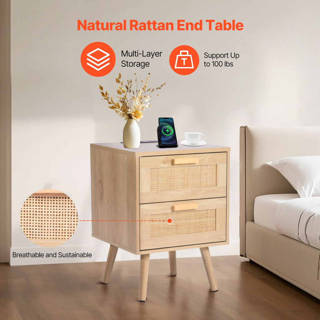 Rattan Nightstand, Boho Bedside Table with 2 Drawers, Rattan End Table Nightstand with Solid Wood Legs, Rattan Bedside Table with Charging Station, for Bedroom, Study & Living Room image 2