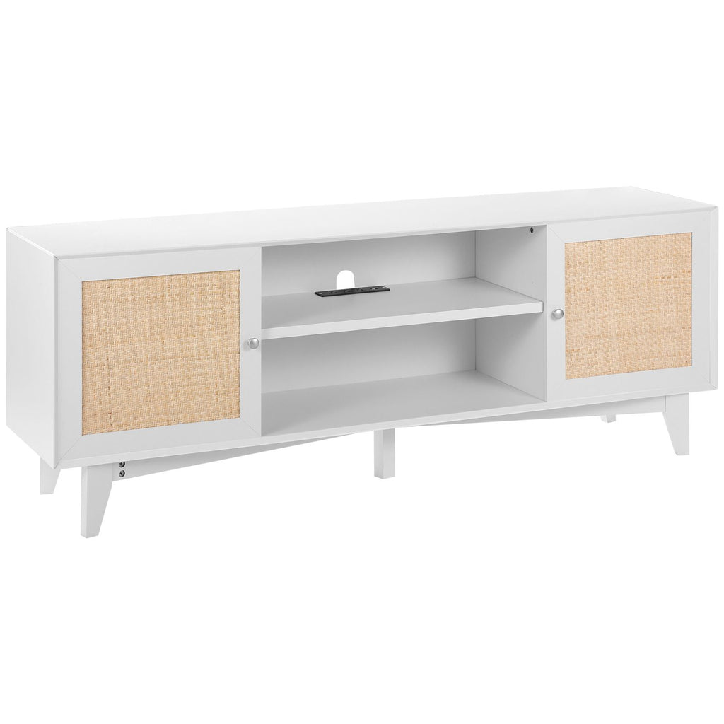 Rattan TV Stand for 75in TV, Boho TV Stand with Rattan Door, Entertainment Center with Build-in Socket, Storage Cabinet with 2 Shelves, Modern TV Console for Living Room, Media Room, White