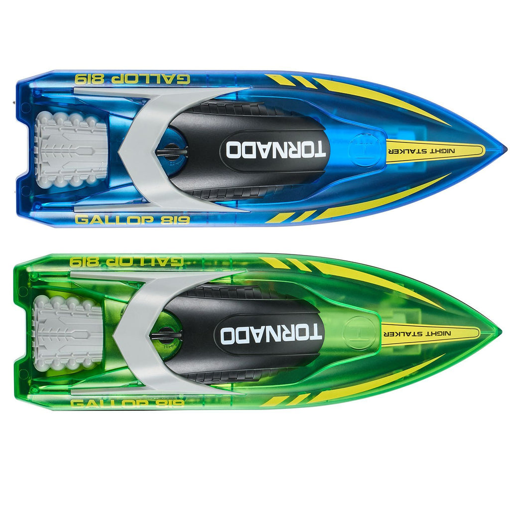 RC Boat, 2 Pack 2.4GHz 12 km/h, Remote Control Boat for Pools & Lakes, Racing Boat with LED Light, 4 Rechargeable Batteries, Whole Body Waterproof, Gift for Adults Boys & Girls, Blue & Green