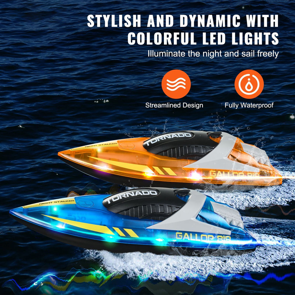 RC Boat, 2 Pack 2.4GHz 12 km/h, Remote Control Boat for Pools & Lakes, Racing Boat with LED Light, 4 Rechargeable Batteries, Whole Body Waterproof, Gift for Adults Boys & Girls, Blue & Orange image 2