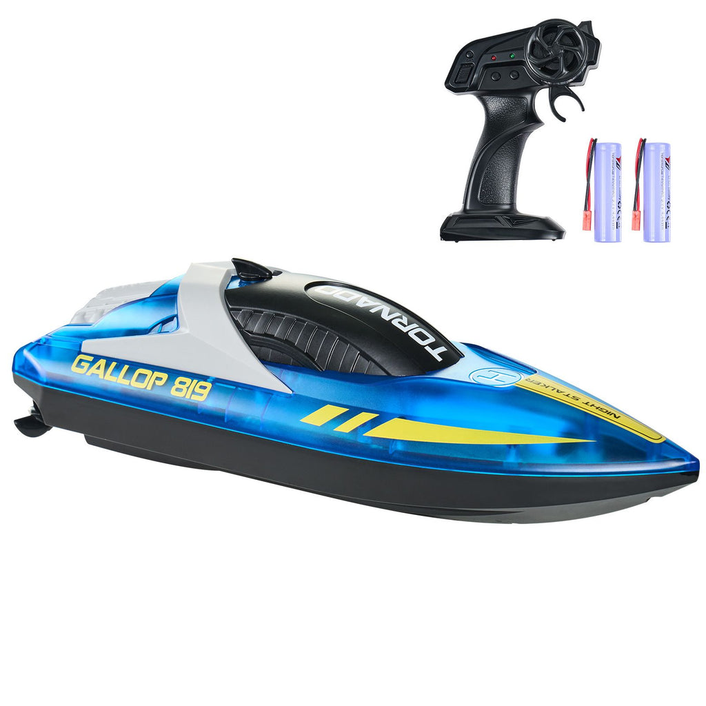 RC Boat, 2.4GHz 12 km/h, Remote Control Boat for Pools & Lakes, Racing Boat with LED Light, 2 Rechargeable Batteries, Whole Body Waterproof, Water Play Toy Gift for Adults Boys & Girls, Blue