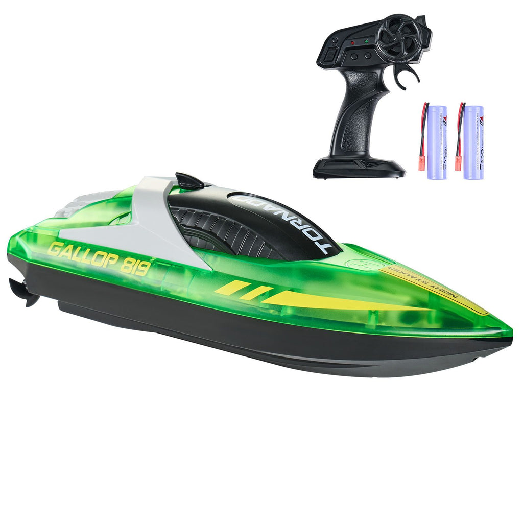 RC Boat, 2.4GHz 12 km/h, Remote Control Boat for Pools & Lakes, Racing Boat with LED Light, 2 Rechargeable Batteries, Whole Body Waterproof, Water Play Toy Gift for Adults Boys & Girls, Green
