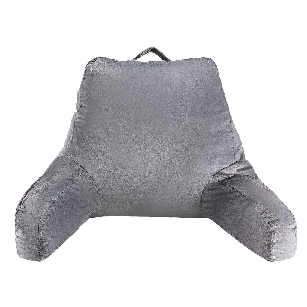 Reading Pillow, Standard Size Bed Pillow with Shredded Memory Foam, Back Pillow with 3 Pockets and Washable Short Velvet Cloth, Top with Handle, for Watching TV, Reading, Gaming, Resting, Grey