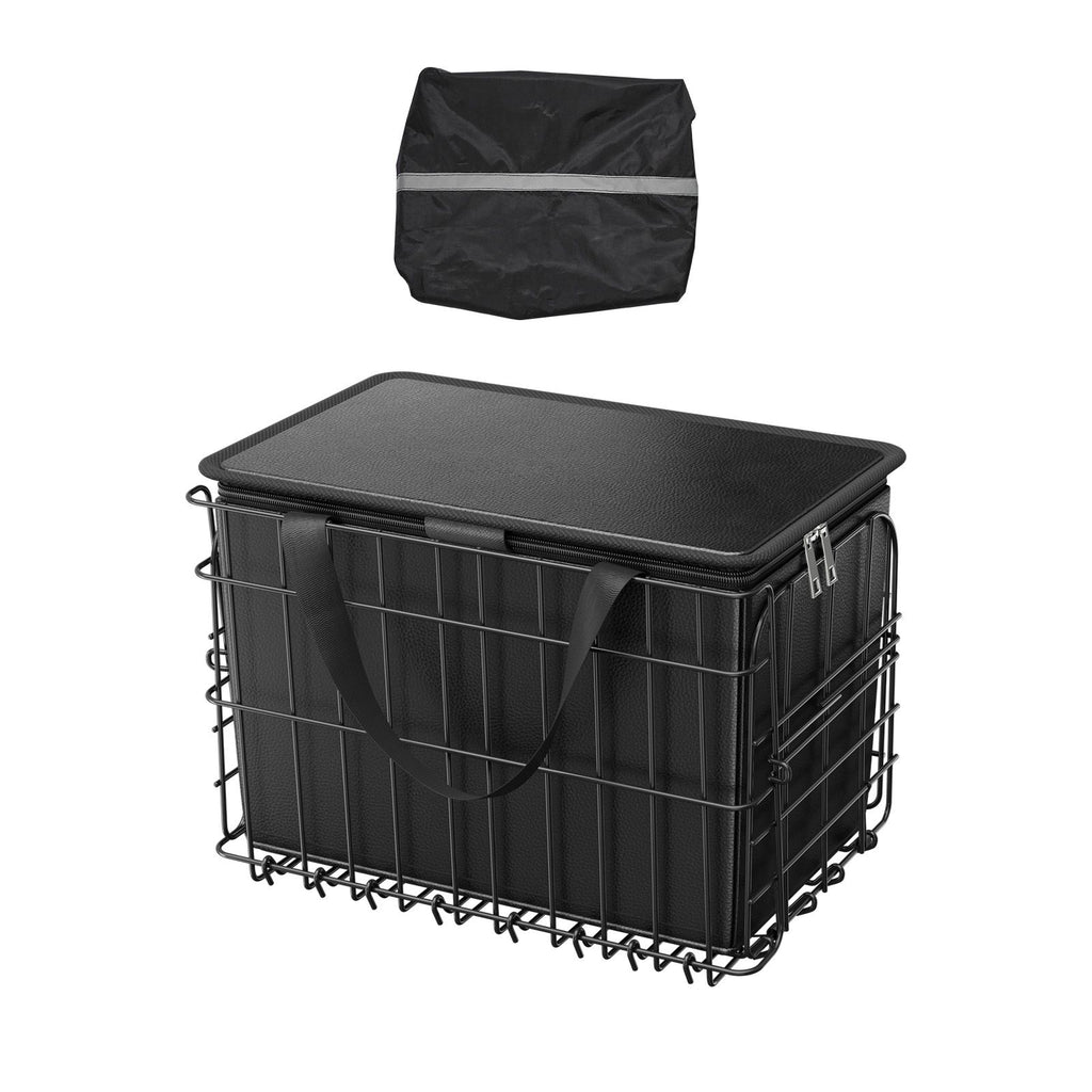 Rear Bike Basket, Folding Wire Bicycle Basket with Cargo Net, Removable Liner Bag & Waterproof Cover, Quick Release Design Bike Basket for Adult Women/Men Carrying Dogs Pets Fruit & Grocery