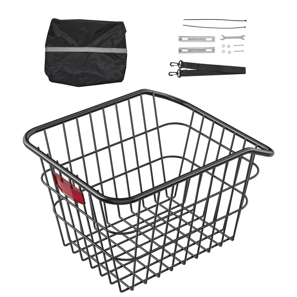 Rear Bike Basket, Metal Wire Bicycle Basket with Reflective Tail Light & Waterproof Cover, Durable Bike Back Basket, Fits to Most Rear Bike Racks