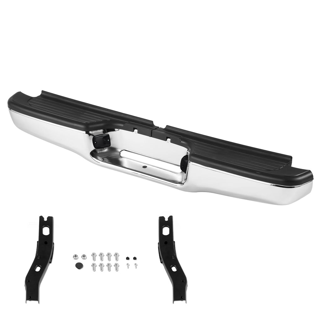 Rear Step Bumper, Compatible with 1995-2004-Toyota Tacoma, Chrome Steel Back Bumper, Assembly Replacement Rear Bumper with License Plate Light and Step Pad, without Sensor Holes, for TO1102215