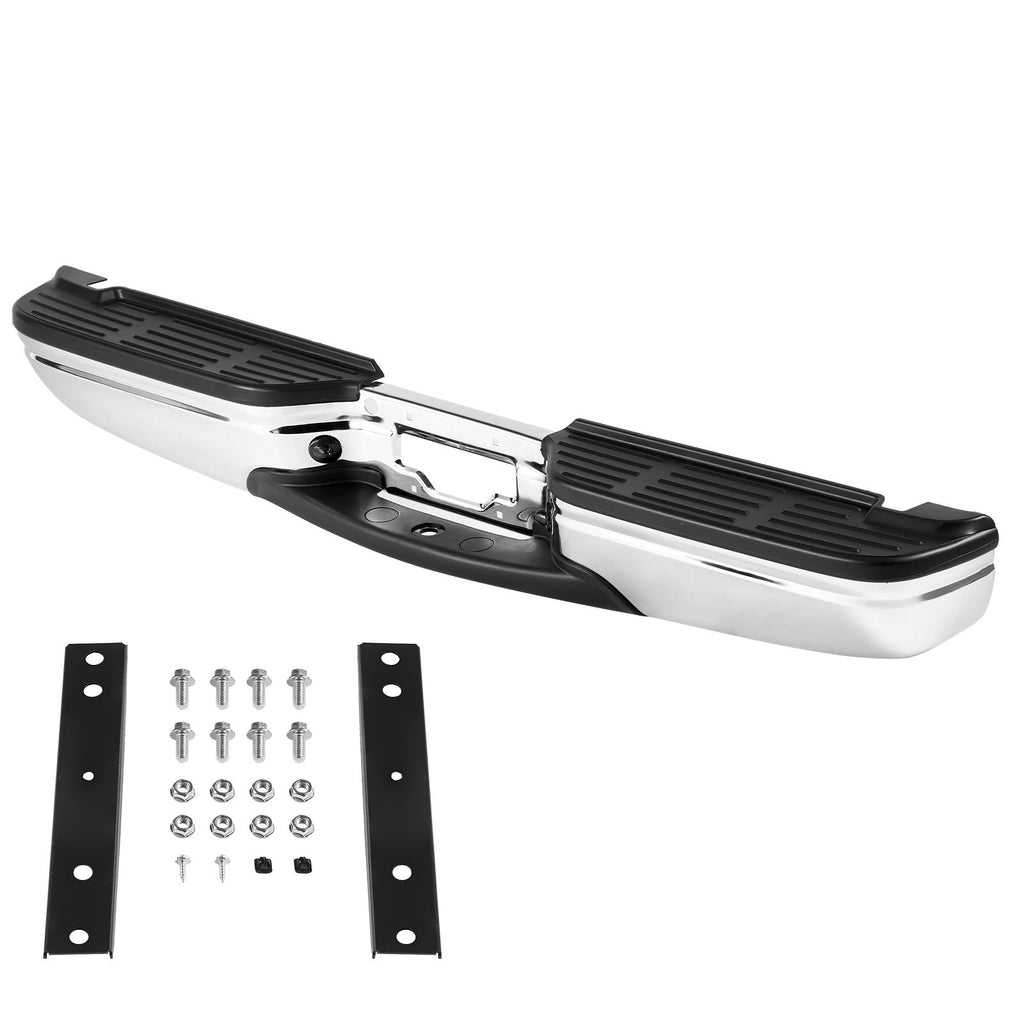 Rear Step Bumper, Compatible with 1999-2007-Ford F250/Ford F350 Super Duty, Chrome Steel Back Bumper, Assembly Replacement Rear Bumper with License Plate Light and Step Pad, for FO1101141