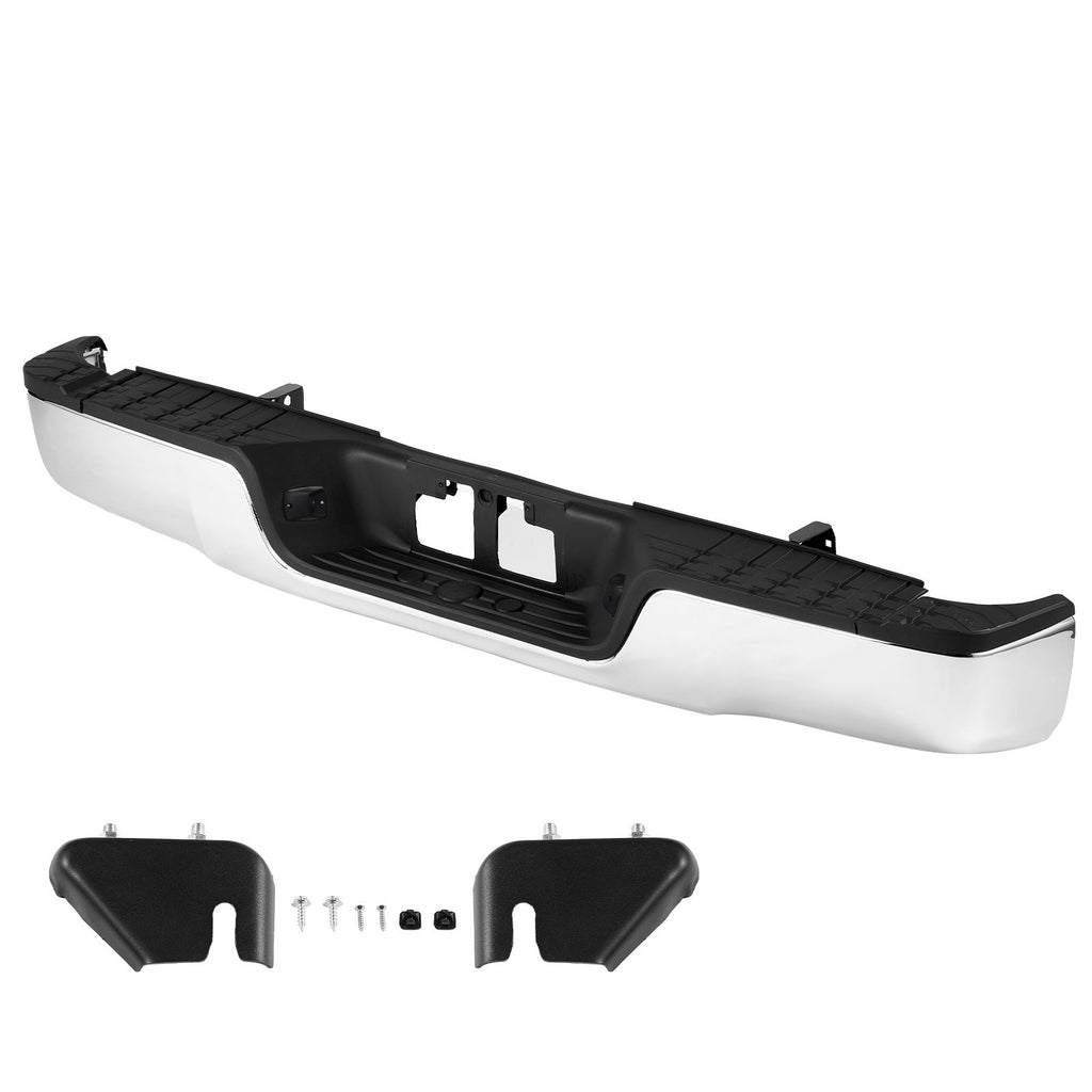 Rear Step Bumper, Compatible with 2007-2013-Toyota Tundra, Chrome Steel Back Bumper, Assembly Replacement Rear Bumper with License Plate Light and Step Pad, without Sensor Holes, for TO1103117