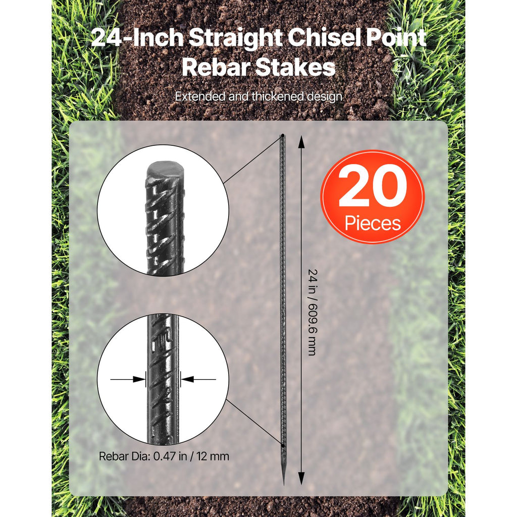 Rebar Stakes, 24-Inch, Heavy-Duty 0.47 in Diameter, Straight Galvanized Steel Ground Anchors with Chisel Point End & Rust-Resistant Coating, for Gardening Support, Fence, Camping Tents (20-Pack) image 2