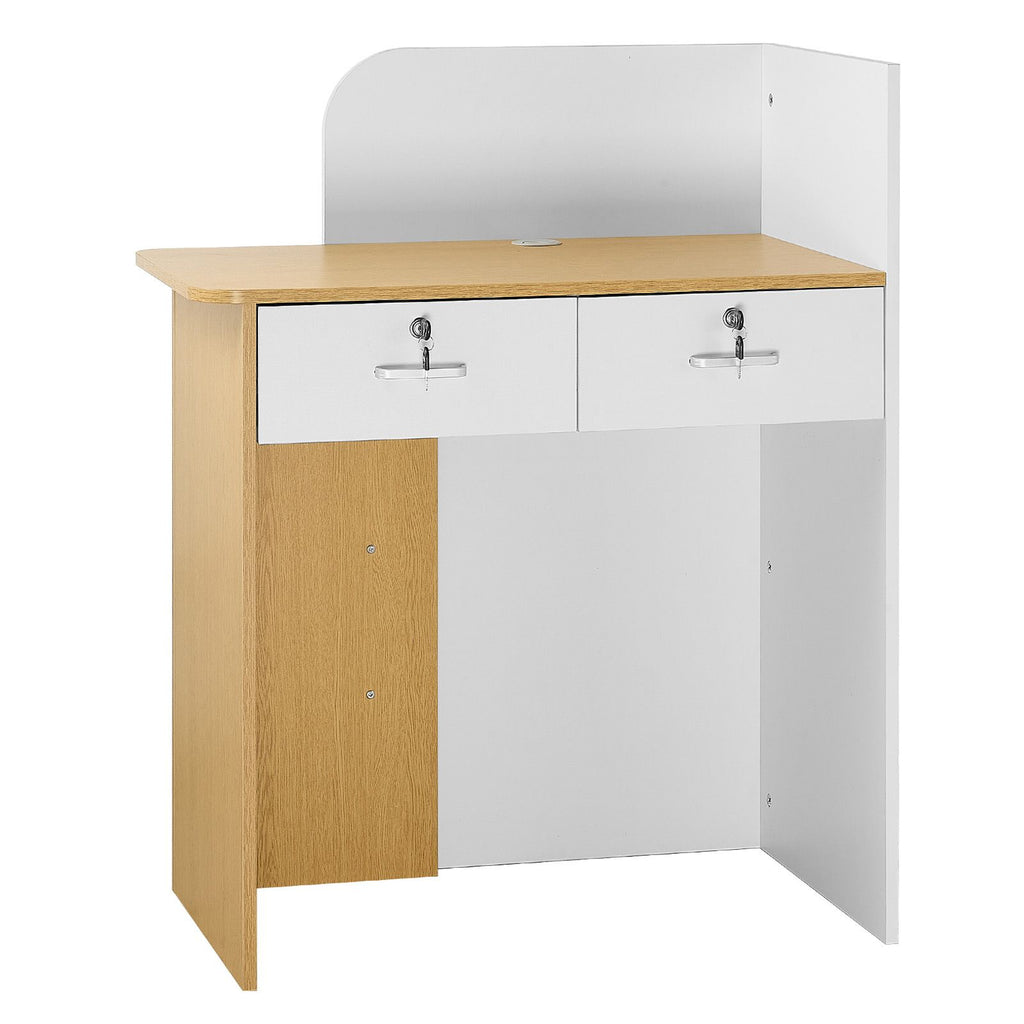 Reception Desk, 31.5 inch Rectangular Front Counter Table, Modern Office Reception Desk with LED Light, 2 Drawers & Power Outlets, Retail Counter Table for Checkout, Lobby, Beauty Salon, Office