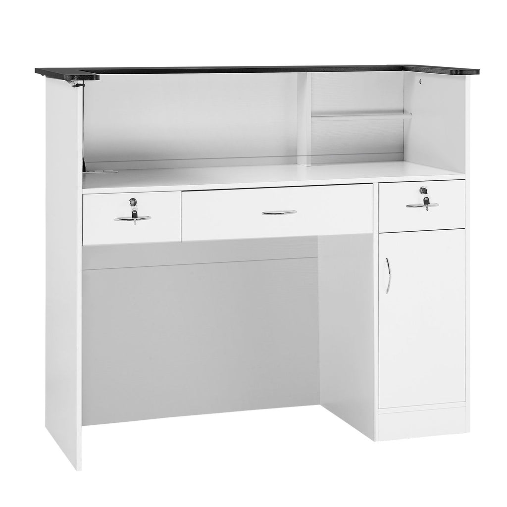Reception Desk, 50 inch Rectangular Front Counter Table, Modern Office Reception Desk with Light Strip, 3 Drawers & Storage Cabinets, Retail Counter Table for Checkout, Lobby, Salon, Office