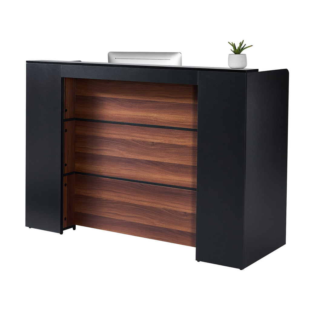 Reception Desk, 62 Inch Rectangular Front Counter Table, Office Reception Desk Front Retail Counter with LED Light, for Checkout, Lobby, Beauty Salon and Office, Black & Brown