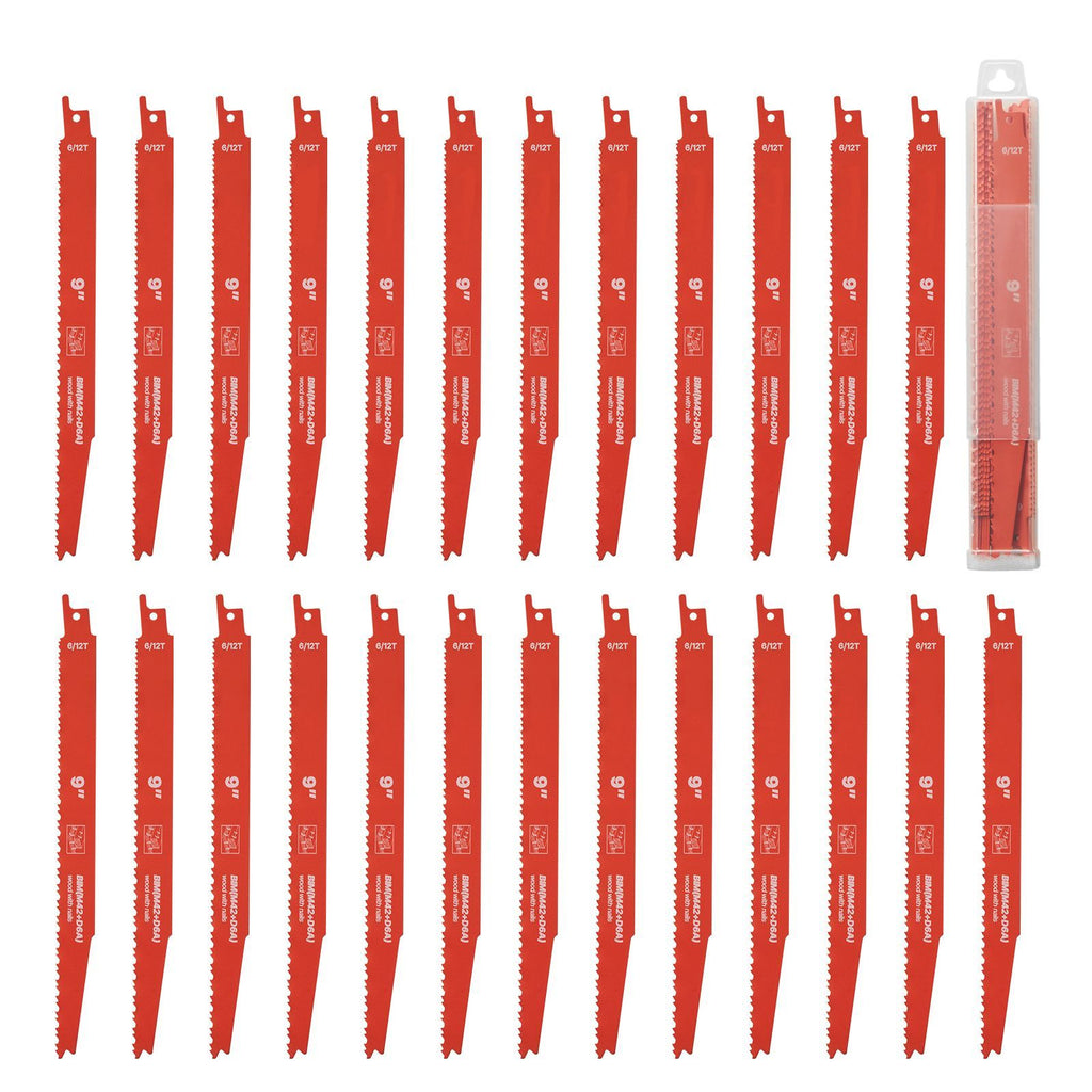 Reciprocating Saw Blades, 25 Pack, 6/12 TPI Bi-Metal Reciprocating Saw Blade Set with Universal Shank, Sharp Teeth for Fast and Smooth Cuts, for Wood and Nail-Embedded Wood Demolition, Orange