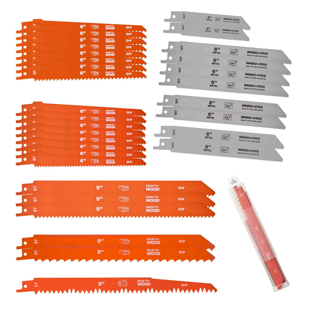 Reciprocating Saw Blades, 32-Piece, Various Sizes Bi-Metal Reciprocating Saw Blade Set with Universal Shank, for Metal and Wood Cutting, Sharp Teeth for Fast and Smooth Cuts, Orange and Gray
