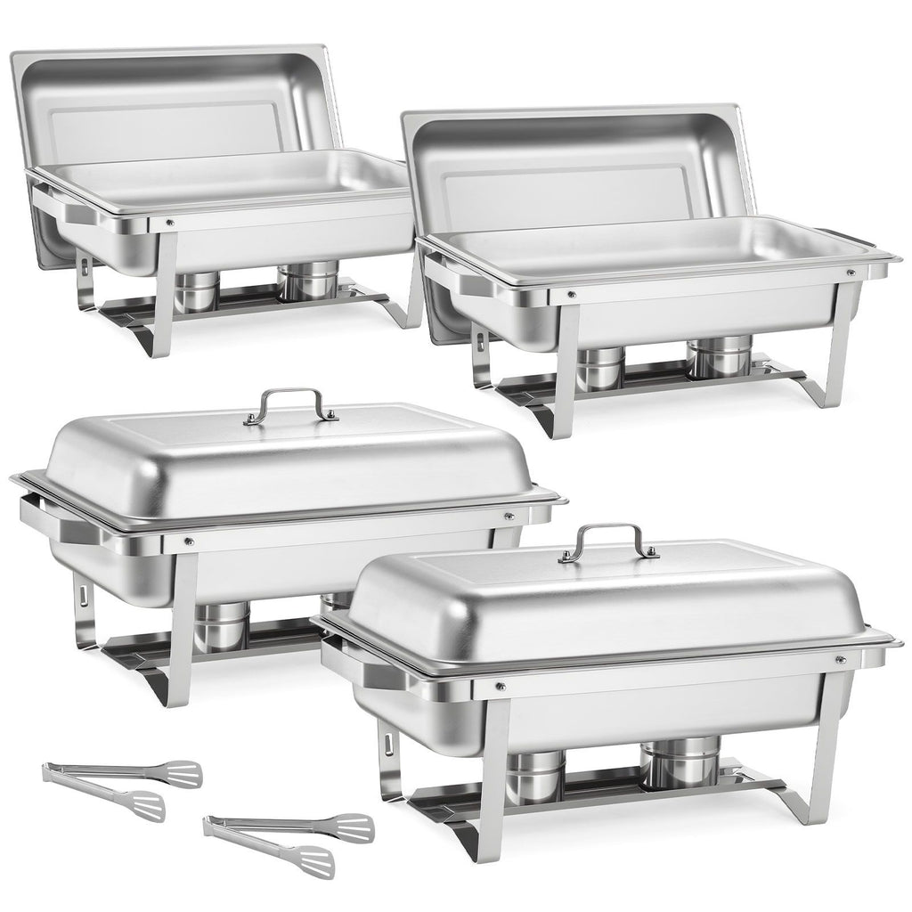 Rectangle Chafing Dish, 9 Qt 4 Pack Stainless Steel Chafing Dish, Food Warmer Chafer Complete Set with Hollow Handle, 2 Food Tongs, Lid, Fuel Holder, Chafer Dishes for Banquet Party Wedding