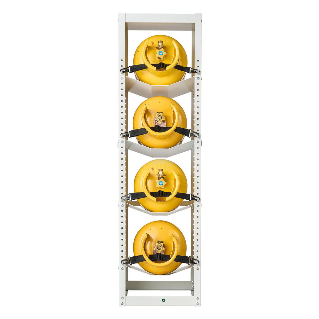 Refrigerant Tank Rack, 14.8 x 13 x 52 inches, 4 Tiers for 4 Cylinder, with Top Storage Shelf, White Powder-Coated Carbon Steel, Cylinder Tank Rack for Cargo Van, Storing Oxygen, and Nitrogen