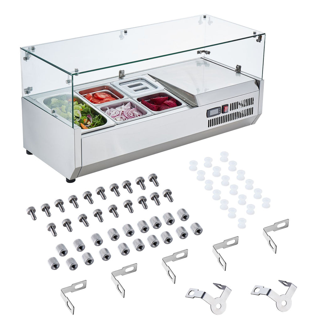 Refrigerated Condiment Prep Station, 130 W Countertop Refrigerated Condiment Station, with 1 1/3 Pan & 4 1/6 Pans, 304 Stainless Body and PC Lid, Sandwich Prep Table with Glass Guard, ETL