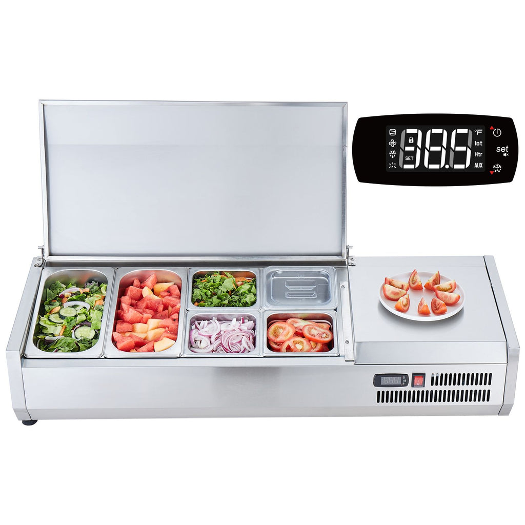 Refrigerated Condiment Prep Station, 135 W Countertop Refrigerated Condiment Station, with 2 1/3 Pans & 4 1/6 Pans, 304 Stainless Body and PC Lid, Sandwich Prep Table with Stainless Guard, ETL