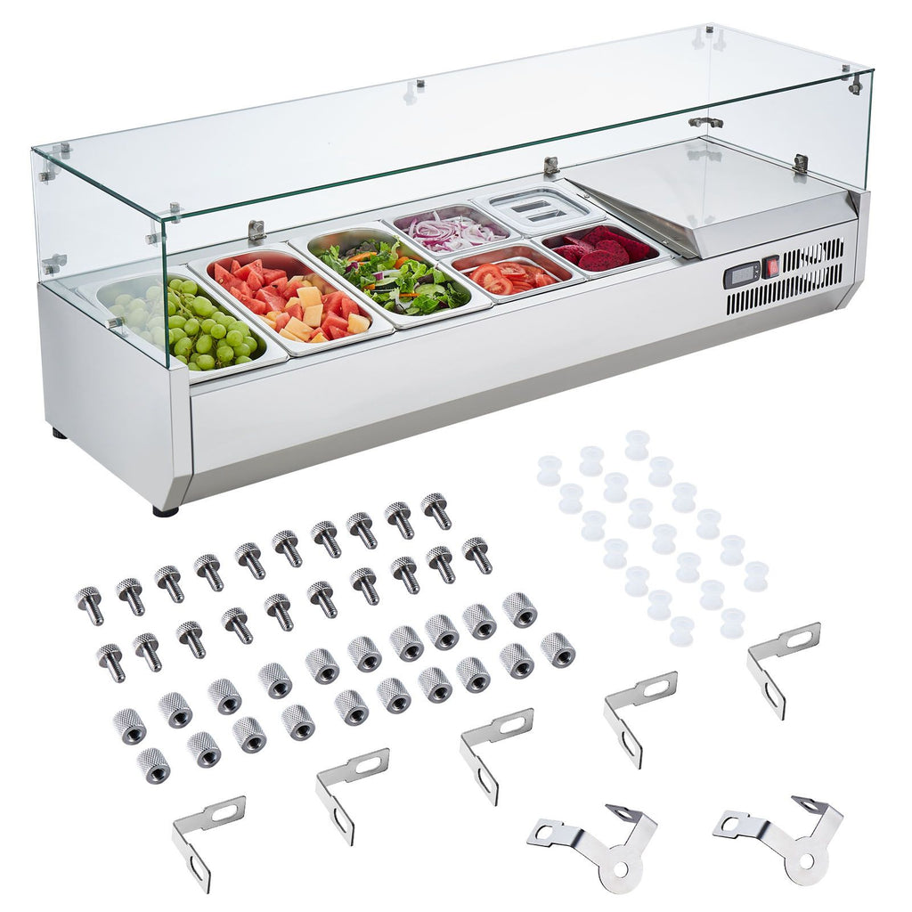 Refrigerated Condiment Prep Station, 140 W Countertop Refrigerated Condiment Station, with 3 1/3 Pans & 4 1/6 Pans, 304 Stainless Body and PC Lid, Sandwich Prep Table with Glass Guard, ETL