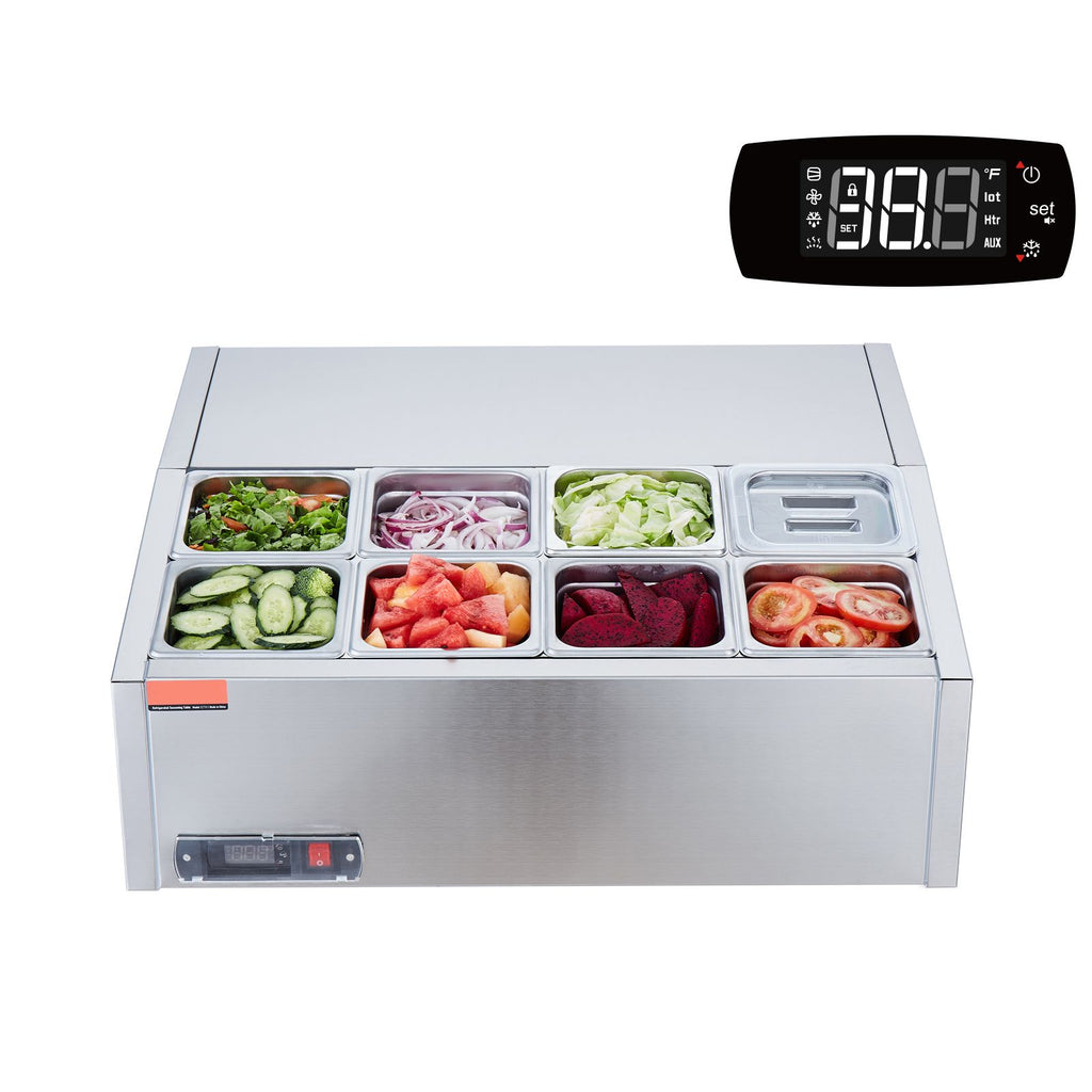 Refrigerated Condiment Prep Station, 140 W Countertop Refrigerated Condiment Station, with 8 1/6 Pans, 304 Stainless Body and PC Lid, Sandwich Prep Table with Stainless Steel Guard, ETL