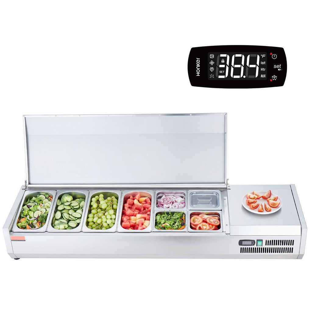 Refrigerated Condiment Prep Station, 150 W Countertop Refrigerated Condiment Station, with 4 1/3 Pans & 4 1/6 Pans, 304 Stainless Body and PC Lid, Sandwich Prep Table with Stainless Guard, ETL