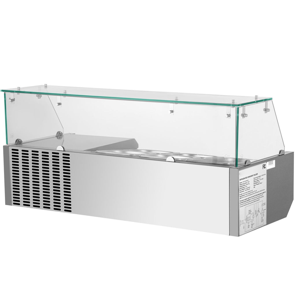 Refrigerated Condiment Prep Station, 40-Inch, 7.8Qt Sandwich Prep Table with 1 1/3 Pan & 4 1/6 Pans, 150W Salad Bar with 304 Stainless Body Tempered Glass Shield Digital Temp Display Auto Defros
