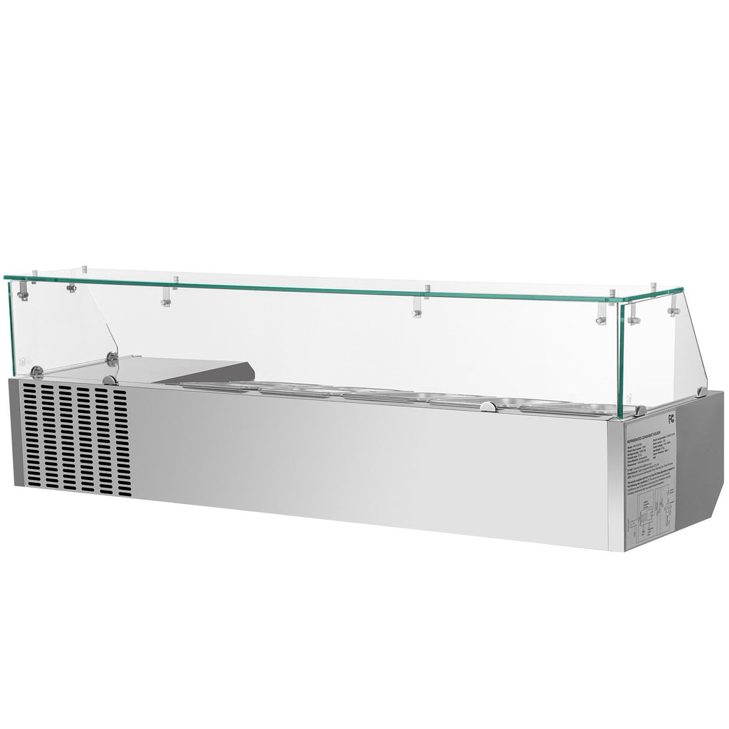 Refrigerated Condiment Prep Station, 55-Inch, 13.8Qt Sandwich Prep Table with 3 1/3 Pans & 4 1/6 Pans, 150W Salad Bar with 304 Stainless Body Tempered Glass Shield Digital Temp Display Auto Defr