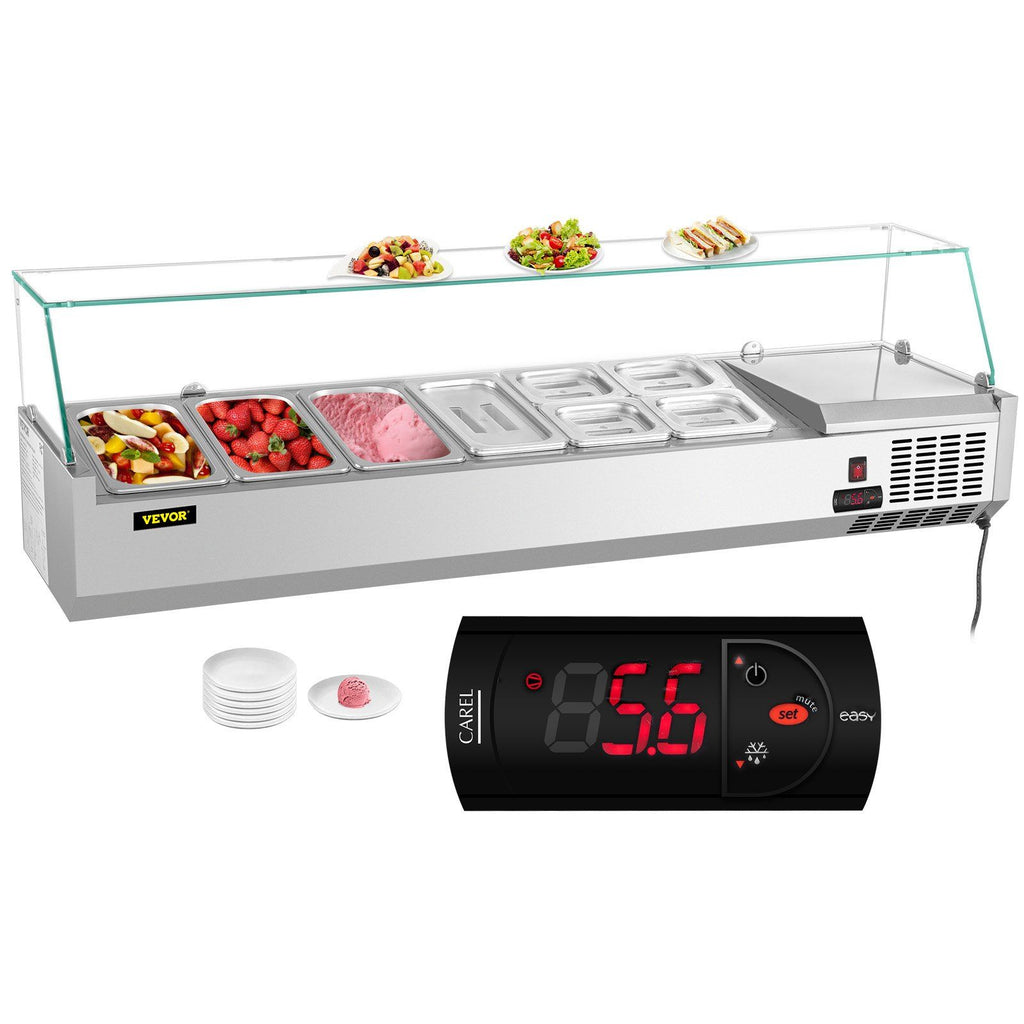 Refrigerated Condiment Prep Station, 60-Inch, 16.8Qt Sandwich Prep Table with 4 1/3 Pans & 4 1/6 Pans, 146W Salad Bar with 304 Stainless Body Tempered Glass Shield Digital Temp Display Auto Defr