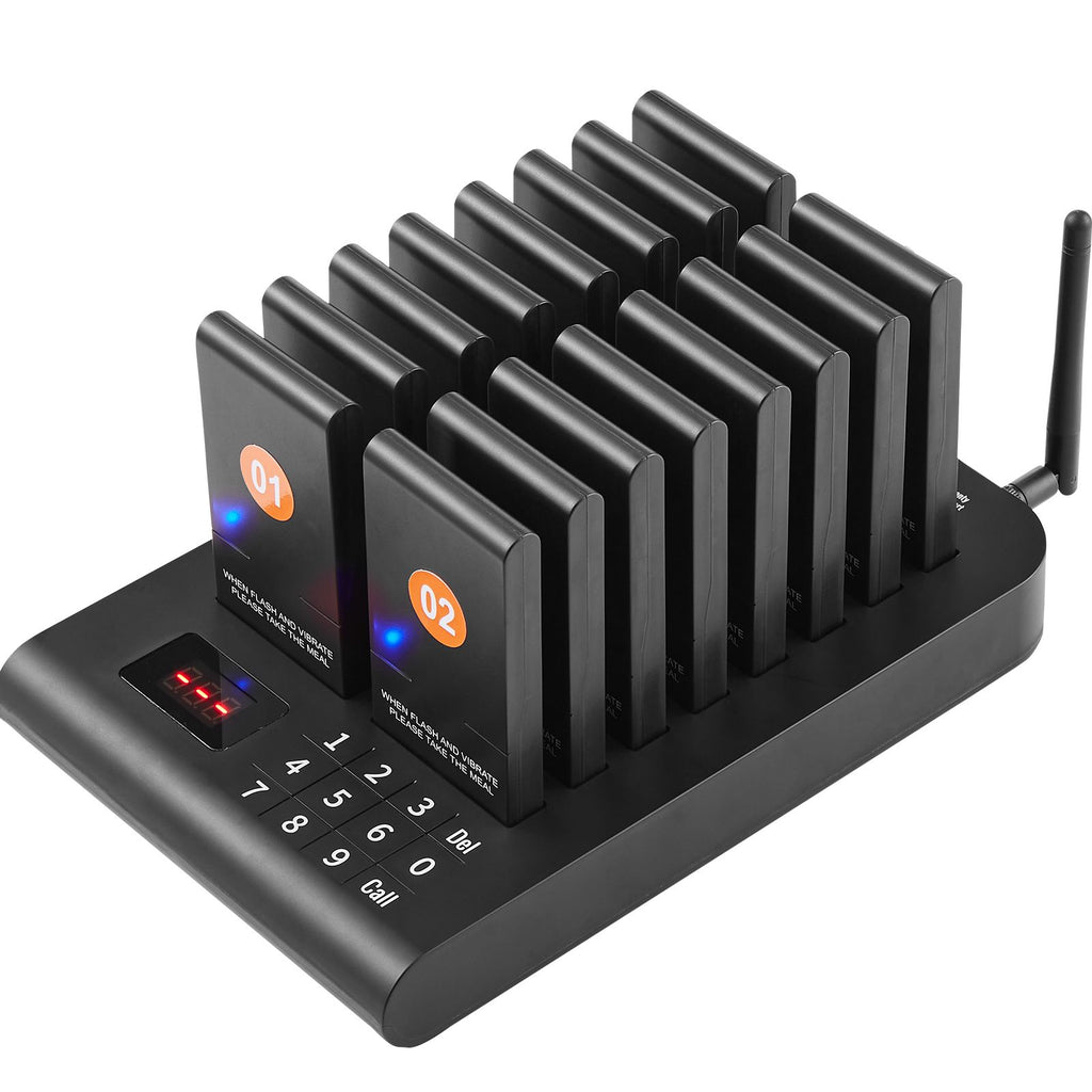 Restaurant Pager System, Wireless 500m Long Range Lineup Waiting Queue Signal, Guest Customer Calling Beepers with Vibration & Flashing, 16 Buzzers for Food Truck, Church, Nursery, Hospital