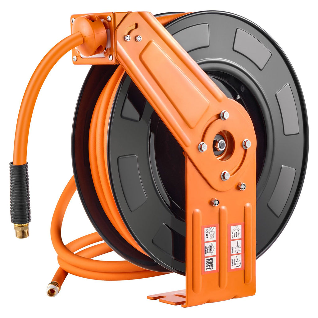Retractable Air Hose Reel, 1/2 IN x 50 FT Hybrid Air Hose Max 300PSI, Air Compressor Hose Reel Auto-Rewind with 5FT Lead in, Ceiling/Wall Mount Heavy Duty Single Arm Steel Reel, 1/2" NPT Fitting