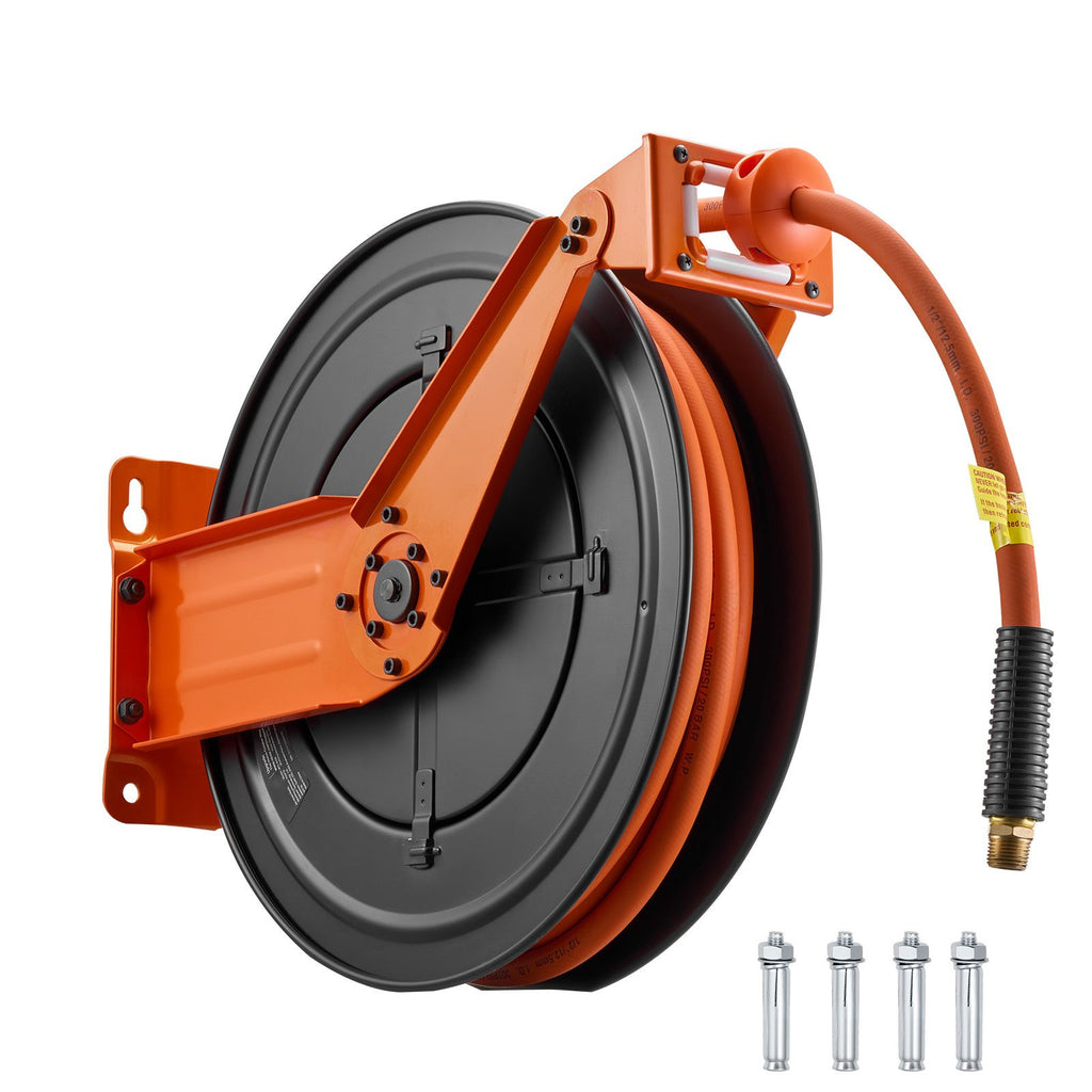 Retractable Air Hose Reel, 1/2 Inch x 50 FT Rubber Air Hose Max 300PSI, Auto Rewind Air-Compressor Hoses Reel with 5 ft Lead in, Ceiling/Wall Mount Heavy Duty Steel Double Arm