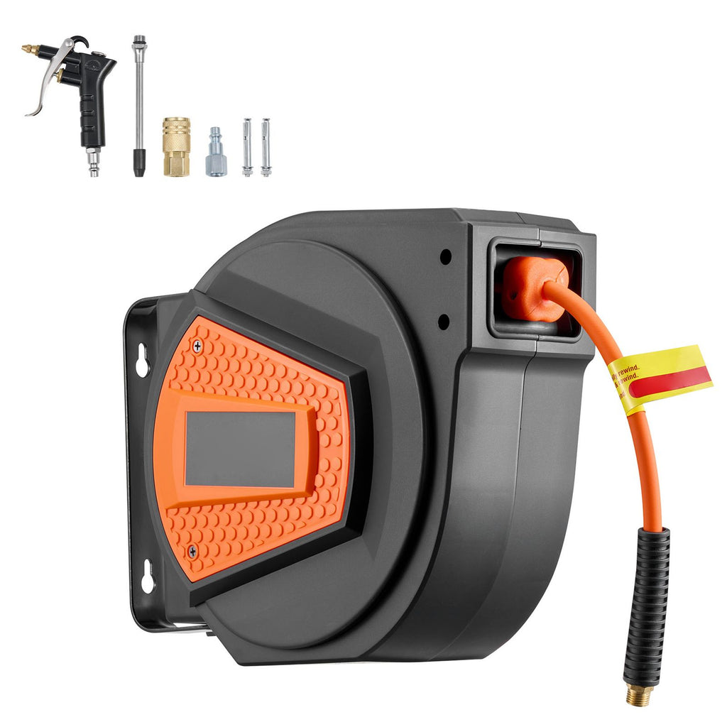 Retractable Air Hose Reel, 1/4 Inch x 50 FT Hybrid Air Hose Max 300PSI, Enclosed Air-Compressor Hoses Reel Auto Rewind with 6.6 ft Lead in & Blow Gun, 180° Swivel Ceiling/Wall Mount