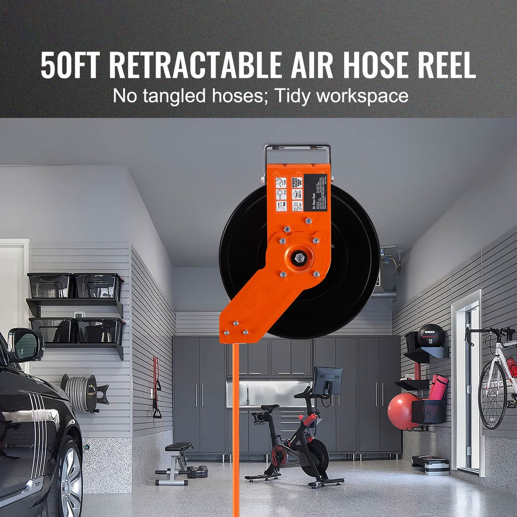 Retractable Air Hose Reel, 3/8 IN x 50 FT Hybrid Air Hose Max 300PSI, Air Compressor Hose Reel with 5 In Lead in, Ceiling / Wall Mount Heavy Duty Double Arm Steel Reel