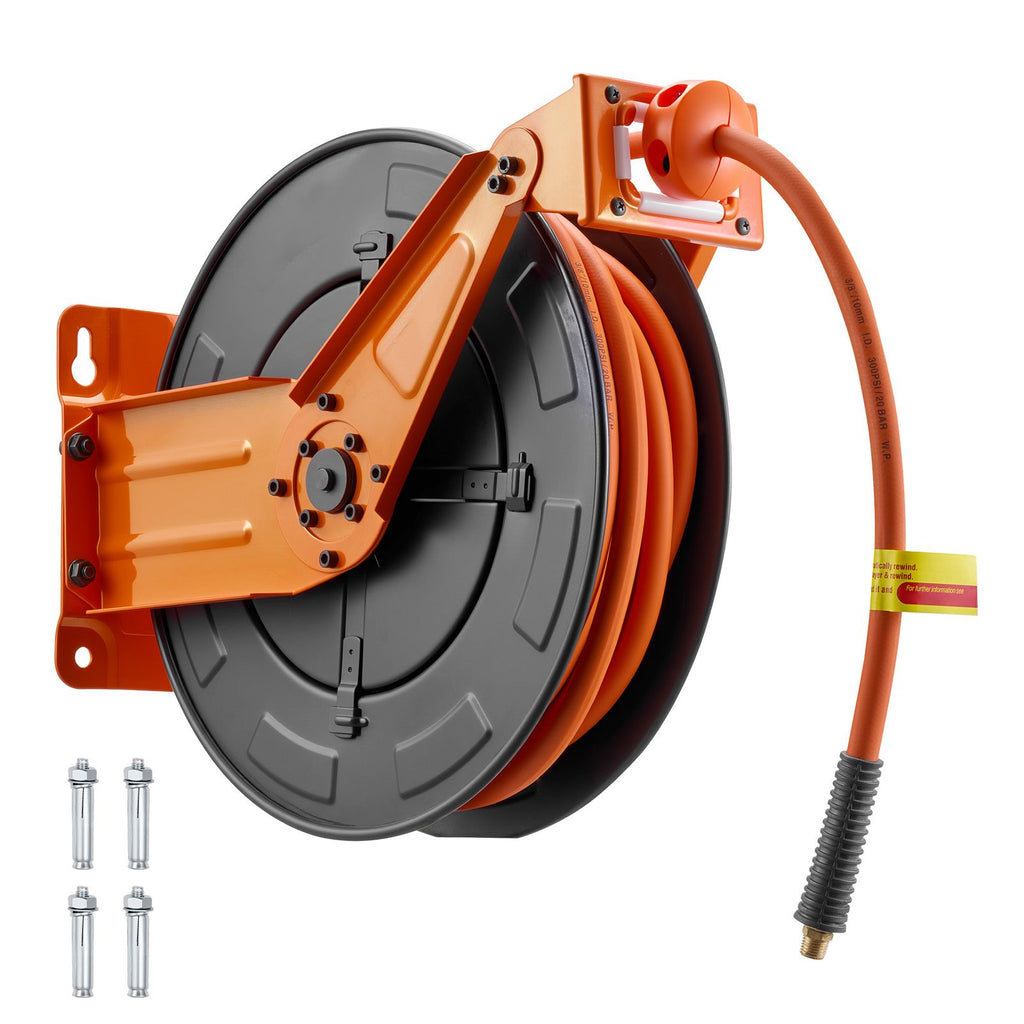 Retractable Air Hose Reel, 3/8 Inch x 50 FT Rubber Air Hose Max 300PSI, Auto Rewind Air-Compressor Hoses Reel with 5 ft Lead in, Ceiling/Wall Mount Heavy Duty Steel Double Arm