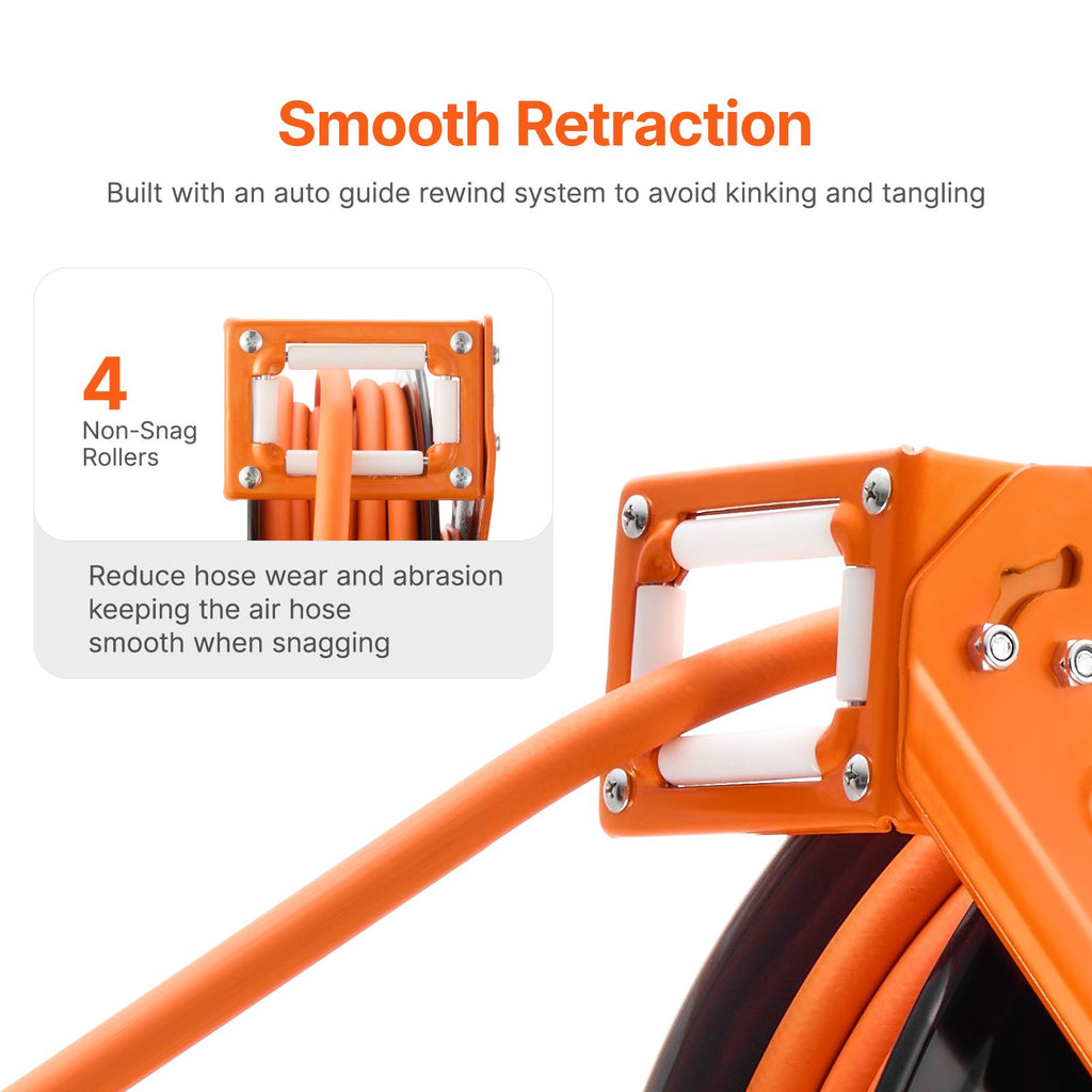 Retractable Air Hose Reel, 3/8IN x 100FT Rubber Air Hose Max 300PSI, Air Compressor Hose Reel Auto-Rewind with 5FT Lead in, Ceiling/Wall Mount Heavy Duty Single Arm Steel Reel, 1/4" NPT Fitting