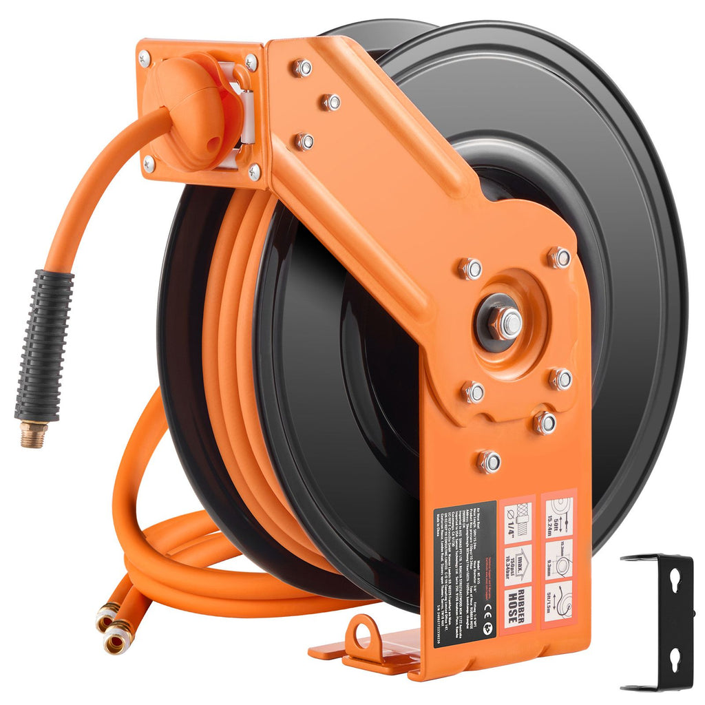 Retractable Air Hose Reel, 3/8IN x 50FT Rubber Air Hose Max 300PSI, Air Compressor Hose Reel Auto-Rewind with 5FT Lead in, Ceiling/Wall Mount Heavy Duty Single Arm Reel & 180° Swivel Bracket