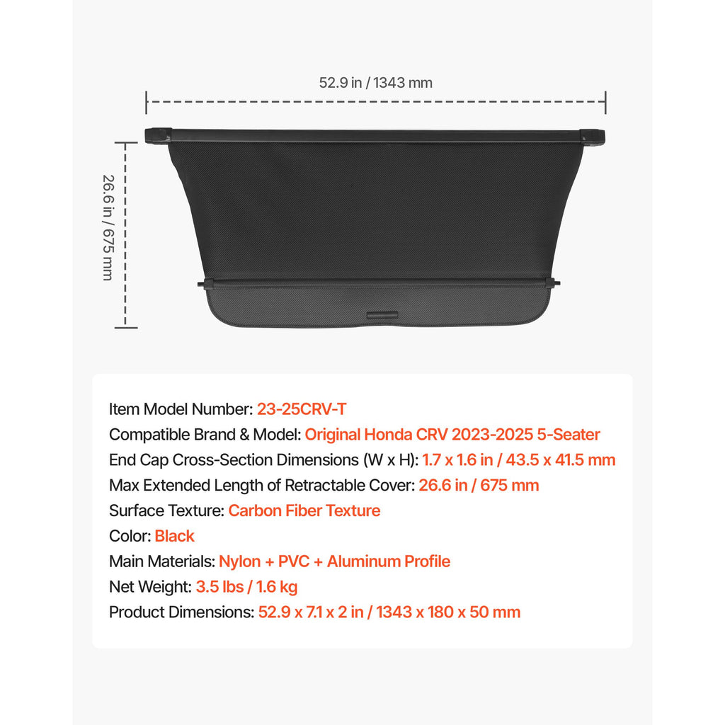 Retractable Cargo Cover, Upgraded Carbon Fiber Texture Trunk Cover, Anti-Peeping Luggage Privacy Shield, Easy Installation Security Shade Car Accessories, for Honda CRV 2023-2025 5-Seater