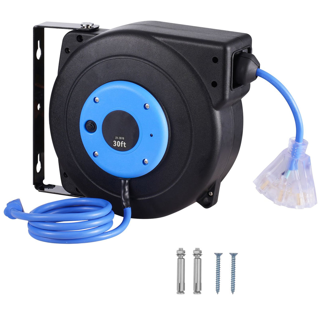 Retractable Extension Cord Reel, 30 FT, Heavy Duty 16AWG/3C SJTOW Retractable Power Cord Reel with Lighted Triple Tap Outlet 10 Amp Circuit Breaker 4.5FT Lead-in Cord, for Ceiling or Wall Mount
