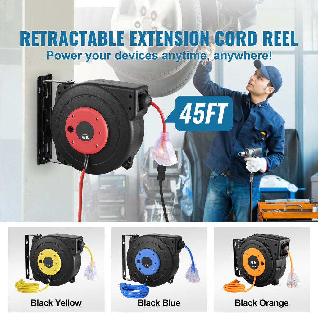 Retractable Extension Cord Reel, 45 FT, Heavy Duty 12AWG/3C SJTOW Retractable Power Cord with Lighted Triple Tap Outlet, 15 Amp Circuit Breaker 180° Swivel Bracket for Ceiling or Wall Mount image 2