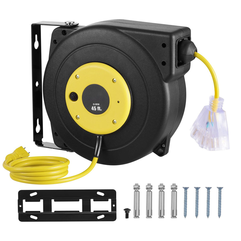 Retractable Extension Cord Reel, 45 FT, Heavy Duty 12AWG/3C SJTOW Retractable Power Cord with Lighted Triple Tap Outlet, 15 Amp Circuit Breaker 180° Swivel Bracket for Ceiling or Wall Mount