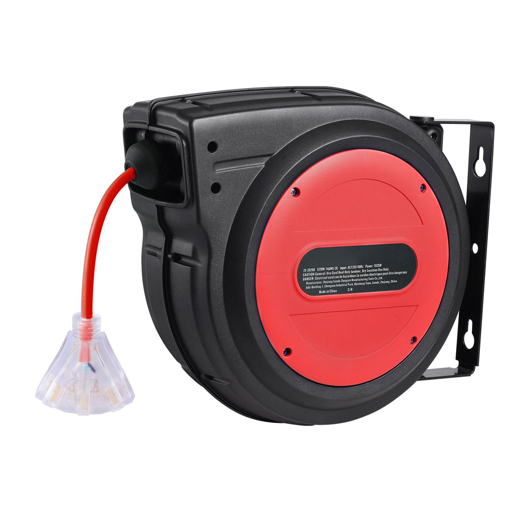 Retractable Extension Cord Reel, 75 FT, Heavy Duty 14AWG/3C SJTOW Retractable Power Cord with Lighted Triple Tap Outlet, 13 Amp Circuit Breaker 180° Swivel Bracket for Ceiling or Wall Mount