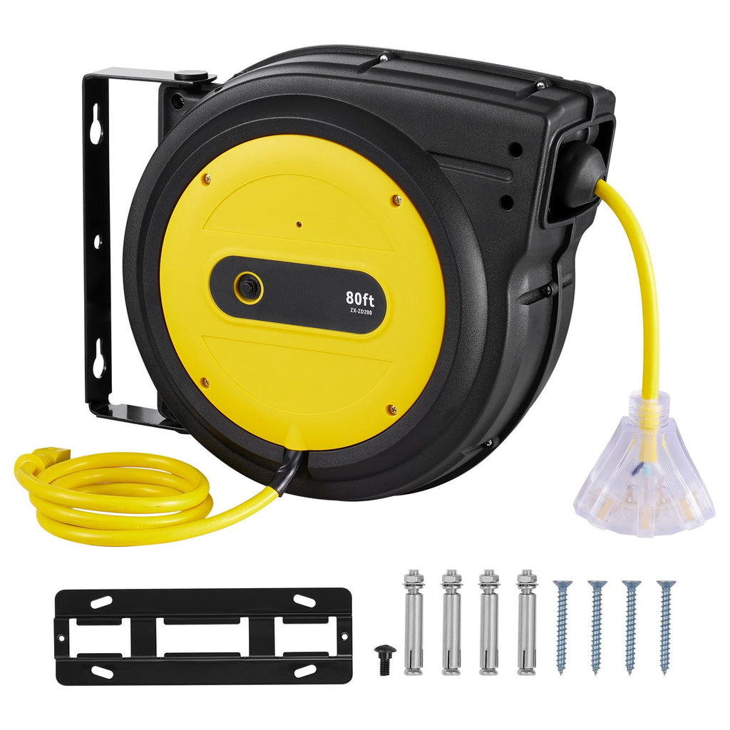 Retractable Extension Cord Reel, 80 FT, Heavy Duty 12AWG/3C SJTOW Retractable Power Cord with Lighted Triple Tap Outlet, 15 Amp Circuit Breaker 180° Swivel Bracket for Ceiling or Wall Mount