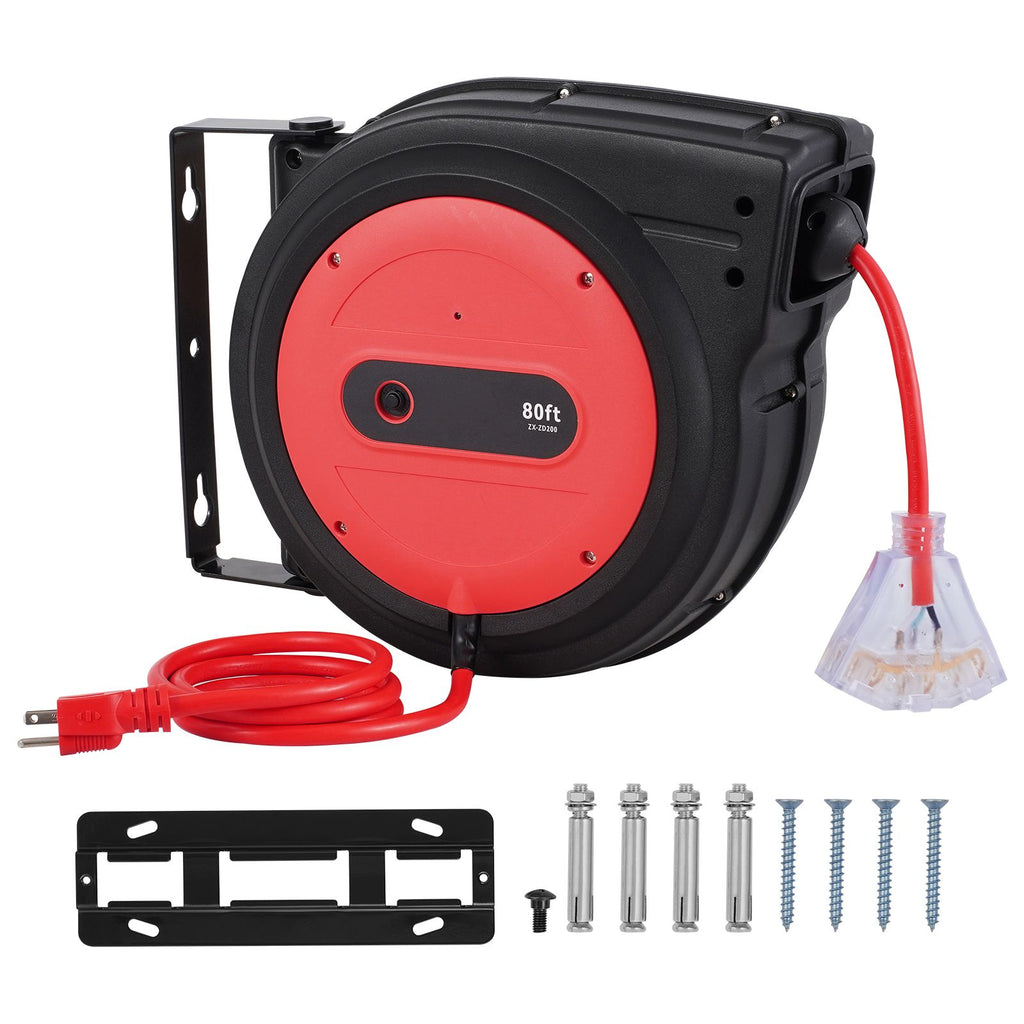 Retractable Extension Cord Reel, 80 FT, Heavy Duty 12AWG/3C SJTOW Retractable Power Cord with Lighted Triple Tap Outlet, 15 Amp Circuit Breaker 180° Swivel Bracket for Ceiling or Wall Mount